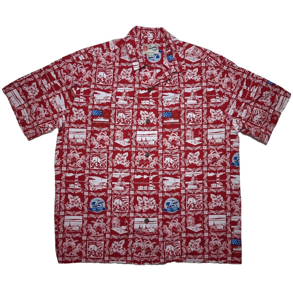 HILO HATTIE Hawaiian Shirt Pearl Harbor 75 USS Arizona Red Floral Large L